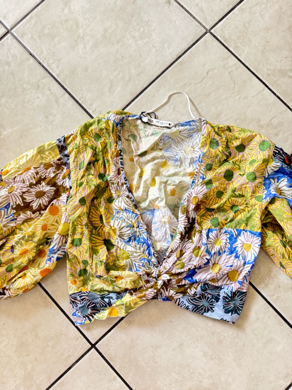 Zara Multicolor Floral Tie-Front Crop Top - Yellow, Blue, Green, White